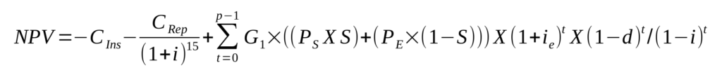 Formula for the net present value (NPV) of a solar energy system.

NPV =

-C_Ins
-C_Rep over ( 1 + i ) ^ 15

+ sum from{t = 0} to{p -1} G_1 times(( P_S X S) + (P_E times (1 - S)))X (1 + i_e)^t X( 1 - d )^t / ( 1 - i )^t