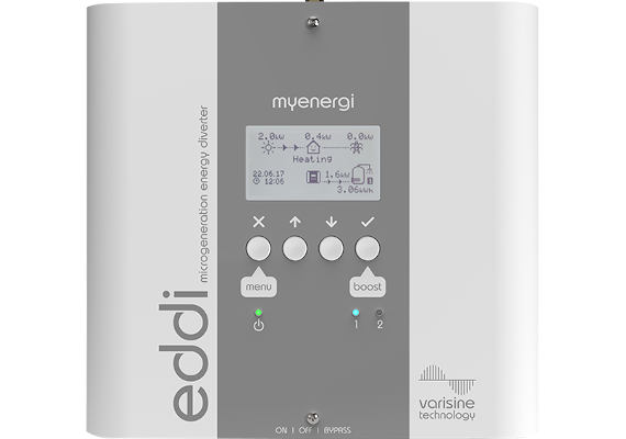 myenergi Eddi solar panel diverter showing graphical display and 4 control buttons