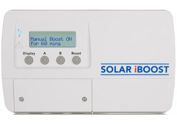 Solar iBoost solar panel power diverter showing display read-out and boost button